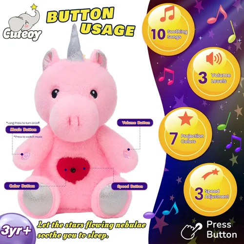 Vista 3 de Unicornio de peluche rosa con proyector de estrellas, musical, con volumen ajustable, luz nocturna, animales de peluche brillantes, juguetes