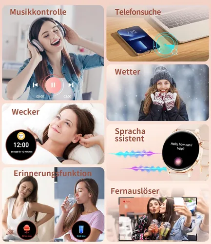 Vista 7 de SUNKTA Reloj inteligente para mujer, 0.311 in, ultrafino, 1.32 pulgadas, AMOLED, Bluetooth, llamada, rosa, elegante, para Android iOS, frecuencia