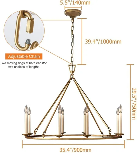 Vista 3 de LOVEDIMA Candelabro de rueda de carro, color dorado, rústico, de 35.4 pulgadas, con forma de vela, de metal con forma de vela, lámpara colgante