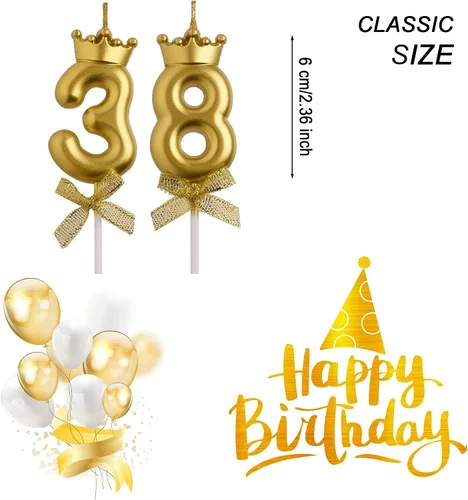 Vista 2 de Velas de cumpleaños número 38 y 83, velas doradas de cumpleaños con número 83 y 38 años, decoraciones de fiesta de cumpleaños, regalos para mujeres
