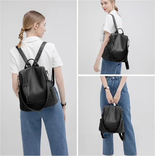 Vista 7 de Mochila de moda para mujer, mochila antirrobo de piel sintética, ligera, resistente al agua, color negro