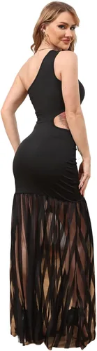 Vista 2 de Ekaliy Vestido de verano con un hombro para mujer, de malla, transparente, para cóctel, bodycon, para boda