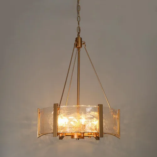 Vista 4 de ZEVNI Candelabro de tambor dorado, lámpara de cristal dorado para isla de cocina, lámpara moderna de 6 luces para comedor, entrada, vestíbulo