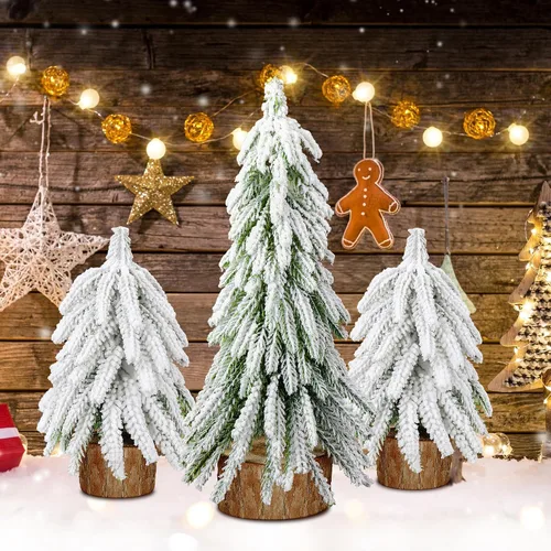 Vista 5 de 3 árboles de Navidad de mesa de nieve, 2 tamaños, mini pinos de mesa con base de madera, árboles de Navidad artificiales de escritorio para Navidad