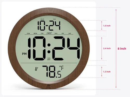 Vista 10 de Reloj de pared digital con fecha, temperatura interior, DST automático, reloj digital a batería, reloj de pared pequeño de madera decorativo de 8