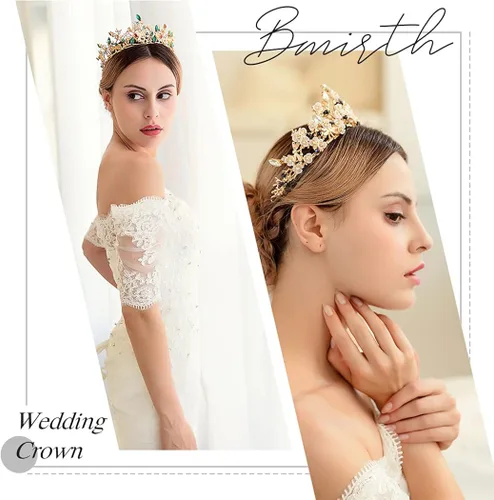 Vista 4 de Bmirth Corona de cristal barroca para boda, tiaras de novia doradas, tocados, joyería de pelo nupcial reina para mujeres y niñas.