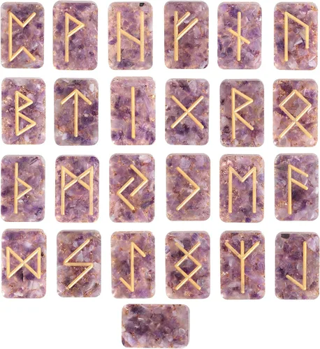 Vista 10 de Rockcloud Juego de piedras runas de cristal de aguamarina de resina, letras grabadas del alfabeto Futhark de anciano para reiki, curación de Azul