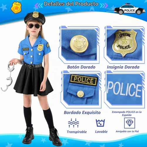 Vista 3 de Disfraz de policía para niños, niñas, uniforme de cosplay de policía