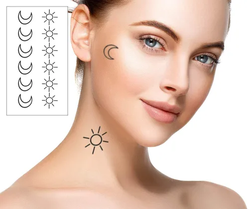 Vista 6 de 36 tatuajes de sol y luna, 3 hojas de transferencia de agua, arte minimalista para el cuerpo pequeño, impermeable, tatuajes falsos temporales