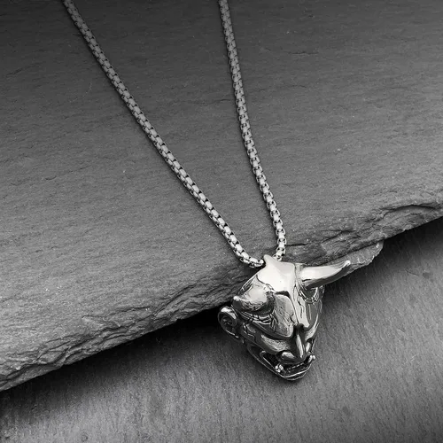 Vista 6 de Oni Mask Hannya Prajna - Collar de acero inoxidable con máscara de diablo japonés, collar de samurái de buena suerte