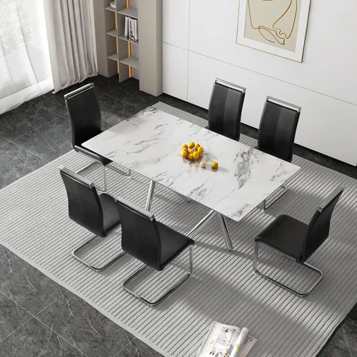 Vista 24 de Juego de 6 mesas de comedor de cristal, moderno juego de mesa de comedor de vidrio templado rectangular transparente de 71 pulgadas y 6 sillas