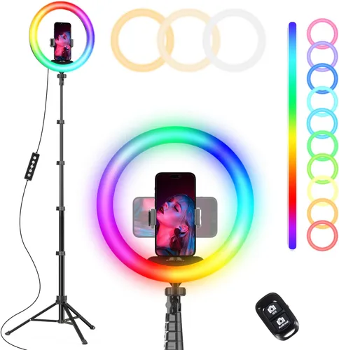 Vista 9 de UBeesize - Anillo de luz para selfies de 12" con soporte de trípode extensible de 62" y control remoto, luz LED circular con soporte para teléfono