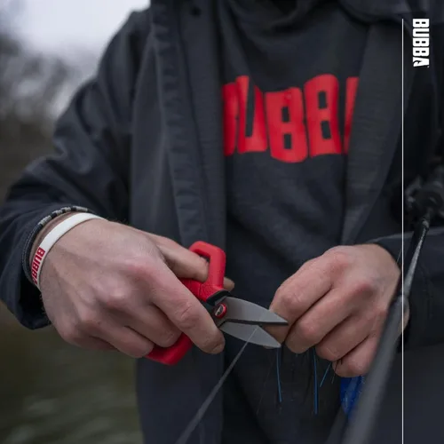 Vista 5 de BUBBA Tijeras pequeñas de pesca con cuchillas microdentadas y herramienta de crimpado de tiro dividido - Abrebotellas y agujero para cordón