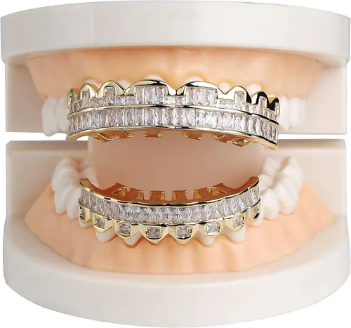 Vista 5 de TOPGRILLZ Parrillas superiores e inferiores bañadas en oro de 14 quilates para tus dientes Hip Hop para hombres, Circonita cúbica