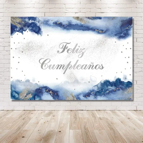 Vista 6 de MEHOFOND Telón de fondo de feliz cumpleaños de 7 x 5 pies para niño, fiesta mexicana, suministros de decoración de fiesta de feliz cumpleaños, Azul