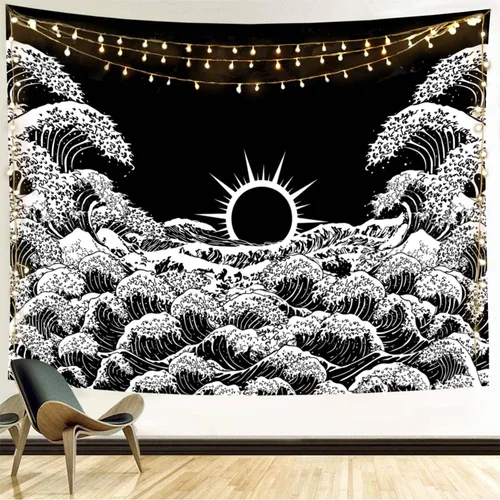 Vista 16 de Neapth Tapiz de sol para decoración de dormitorio y dormitorio, arte de pared blanco y negro, sol y luna, 59 x 59 pulgadas 1 Montaña del Sol