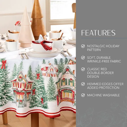 Vista 3 de Elrene Home Fashions - Mantel redondo de Navidad con bordes de pueblo navideño, resistente a arrugas, 177,8 x 177,8 cm, multicolor
