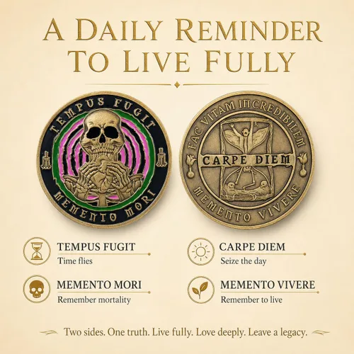 Vista 2 de Imasoner Memento Mori Coin Stoic Coin EDC Challenge Coin Stoicism Regalos para recordatorio Features Memento Vivere & Tempus Fugit, Inspirational