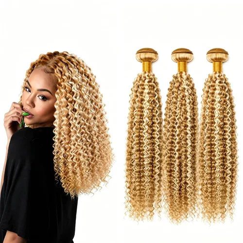Vista 48 de P4613 Cabello humano rizado onda profunda marrón y paquetes mixtos 8 10 12 P4613 Ombre Marrón-Rubio-DP