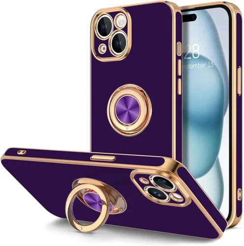 Vista 22 de Hython Funda para iPhone 15 con Soporte de Anillo, Soporte de Anillo Giratorio de 360° Soporte Magnético, Borde Chapado en Oro Rosa Cubierta Suave