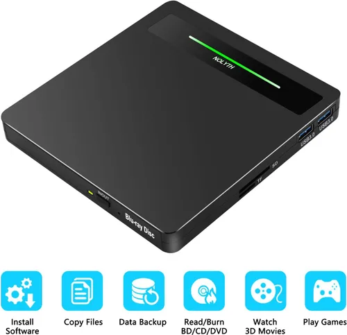 Vista 2 de Unidad Blu Ray externa: USB 3.0 Tipo-C Blueray/DVD Drive para PC Laptop Mac Windows Portátil Bluuray Burner Player con SD TF 2 puertos USB