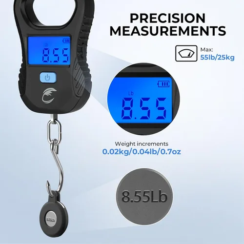 Vista 4 de Calamus Báscula de pescado ligera - Báscula digital recargable con cable USB, capacidad de 55 libras, unidades múltiples libras/onzas y kilogramos