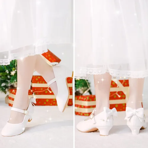 Vista 7 de Dufannie Zapatos de vestir para niñas, zapatos de tacón bajo de princesa, zapatos planos con purpurina para bodas y fiestas