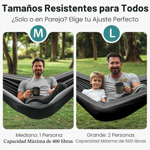 Vista 2 de Kootek - Hamaca portátil doble e individual con 2 correas para árboles, de nailon ligero de paracaídas para mochileros, viajes, playa, patio, Negro
