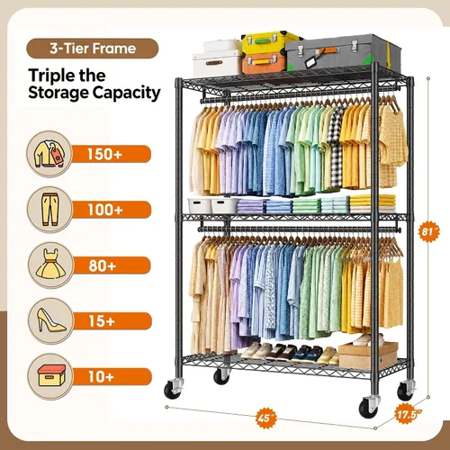 Vista 3 de Raybee Perchero con ruedas para ropa resistente para colgar ropa Negro