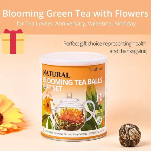 Vista 7 de Juego de regalo de té floreciente, 10 variedades únicas de bolas de té floreciente, VitalForest Envase individual hecho a mano de té verde