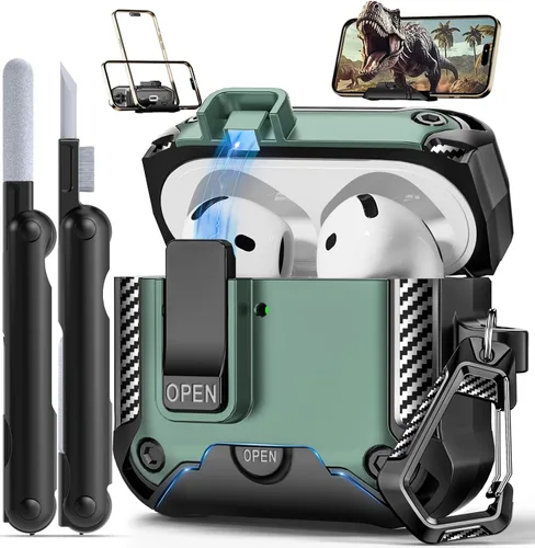 Vista 19 de Funda para AirPods Pro de 2ª Generación con Soporte para Teléfono, Protección Completa contra Caídas con Diseño de Interruptor Automático a Presión