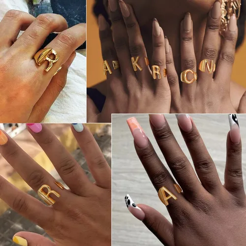 Vista 4 de KeyStyle Bold Initial Letter Ring Adjustable, GoldChic Jewelry Women Gold Statement Rings Personalised Engraved Womens Open Signet Ring for Party