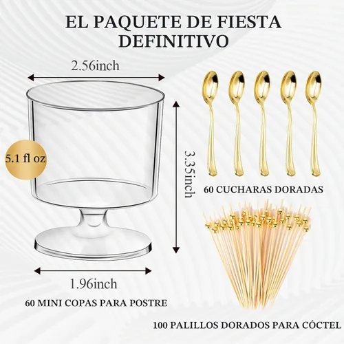 Vista 2 de DI QIU REN 120 Piezas Vasos de Postre de 5oz con Cuchara Dorada, Vaso de Plástico Transparente para Postre Parfait Aperitivo Pudín, Copas Redondas