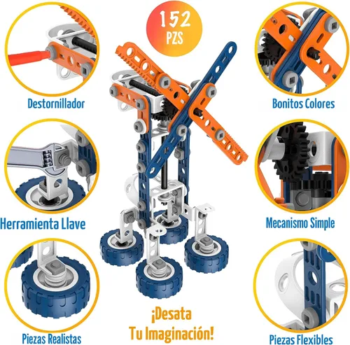 Vista 3 de Mobius - Juego de construcción STEM 12 en 1, 152 piezas, juguete de Naranja y azul - 12 en 1 - 152 piezas