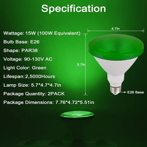 Vista 2 de Bombilla verde Par38 – 15 W (equivalente a 100 vatios) – Luces de inundación verdes E26, paquete de 2 unidades, decoración de fiestas, porche