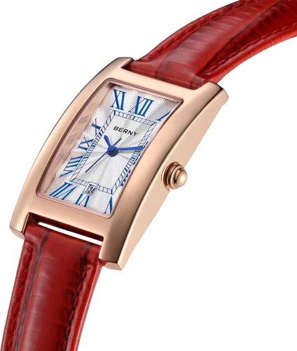 Vista 2 de BERNY Reloj rectangular de cuarzo con marcadores clásicos de números romanos para mujer, reloj de pulsera analógico casual con calendario de fecha