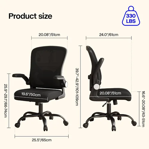Vista 2 de Silla de oficina, silla de escritorio ergonómica con soporte lumbar ajustable, brazos abatibles, cómoda silla giratoria de malla para computadora