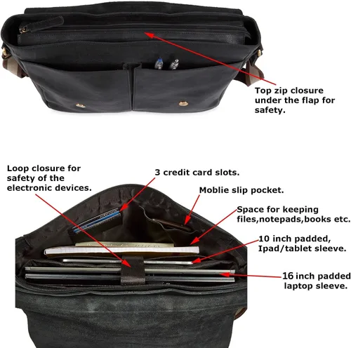 Vista 4 de Bolso de cuero real para computadora portátil, para hombres y mujeres, estilo vintage, estilo mensajero, bolso de hombro hasta 16 pulgadas