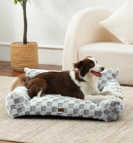 Vista 3 de Made4Pets Sofá cama para interiores de gatos y perros, sofá suave de piel sintética a cuadros, acogedor sofá esponjoso para mascotas con espuma