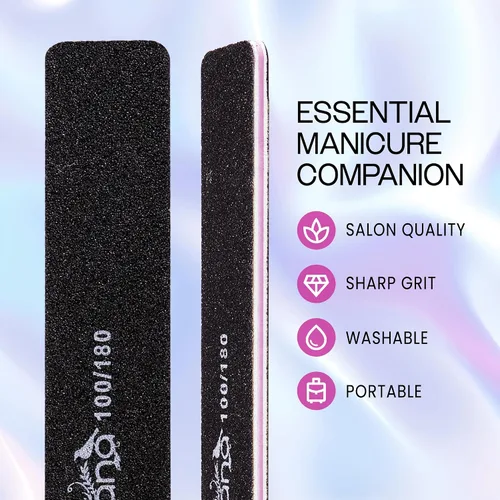 Vista 2 de PANA Lima de uñas Emery Jumbo de doble cara para manicura, pedicura, uñas naturales y acrílicas, color negro (grano 100/180), paquete de 50