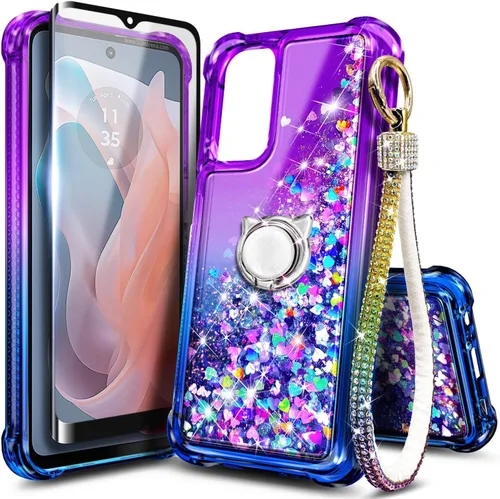 Vista 16 de Funda compatible con Samsung Galaxy S24-FE Aqua/Purple Funda líquida flotante con purpurina linda con protector de pantalla de vidrio templado