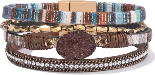 Vista 288 de FANCY SHINY - Pulsera de cuero estilo bohemio, pulsera de cuentas de cristal con cierre magnético, regalos de joyería para mujer