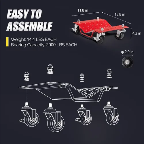 Vista 6 de TUFFIOM Juego de 4 carros para automóvil, 8000 libras de capacidad, carrito de vehículos resistentes, patines de neumáticos de acero con frenos