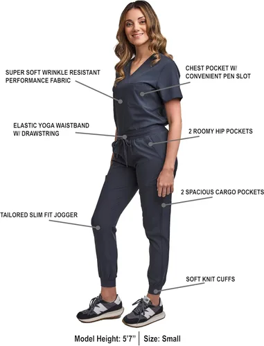Vista 2 de Green Town Conjunto de ropa quirúrgica para mujer, pantalón deportivo y parte superior con cuello en V, 5 bolsillos, cintura de yoga, uniforme