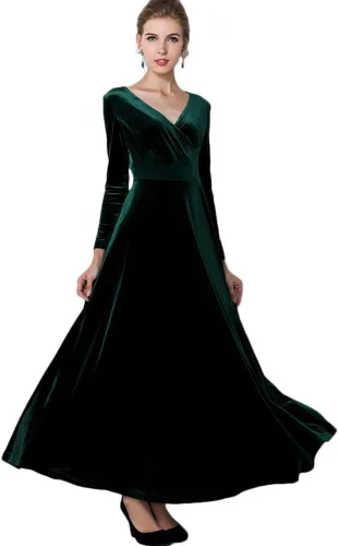 Vista 11 de Urban CoCo Vestido largo de terciopelo elástico con manga larga y cuello en V para mujer Negro