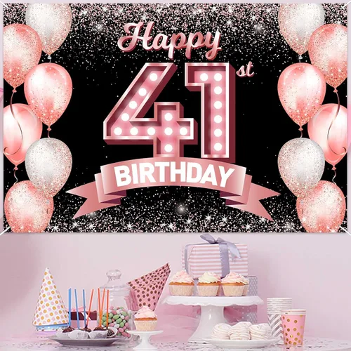 Vista 369 de Cartel de feliz cumpleaños décimo oro rosa, telón de fondo, saludos a 10 años, globos de confeti, decoración temática para niñas de 10 años