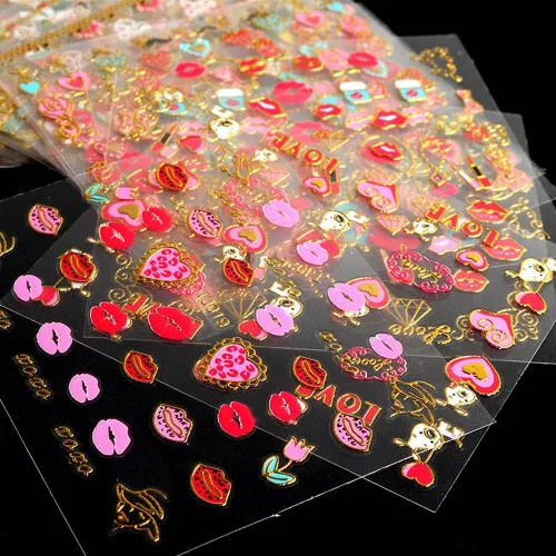 Vista 2 de 30 hojas de calcomanías de uñas para el día de San Valentín, diseño de flores, corazón, pastel de frutas, serie de labios rojos, suministros de arte