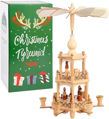 Vista 2 de Pirámides de Navidad con 6 portavelas - 43.2 cm - Carrusel de 3 niveles - Juego de pesebre de madera