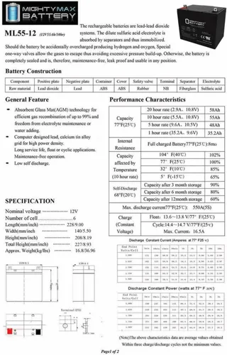 Vista 7 de Mighty Max Battery ML55-12 - Batería SLA de 12V 55AH - Paquete de 2