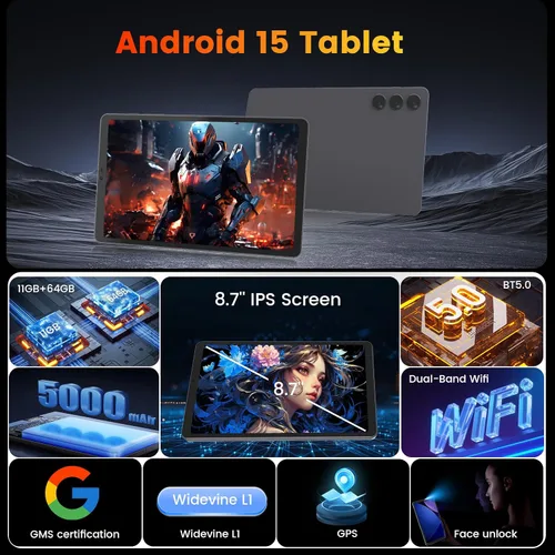 Vista 8 de Tablet Android 15 de 8.7 pulgadas, mini tableta de 5000 mAh, WiFi de doble banda y BT5.0, 11 GB de RAM y 64 GB ROM 1 TB expandible, tablet